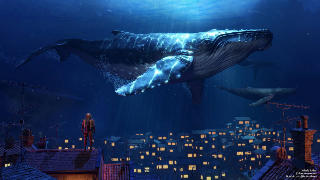 3D Whale riding through sky