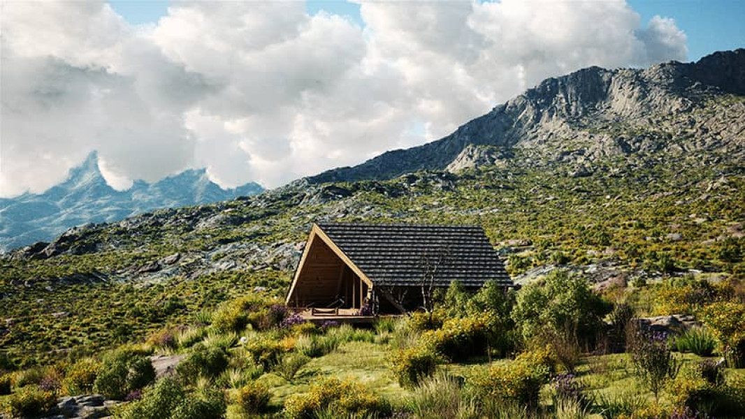 3d rendering of a cabin in the mountains